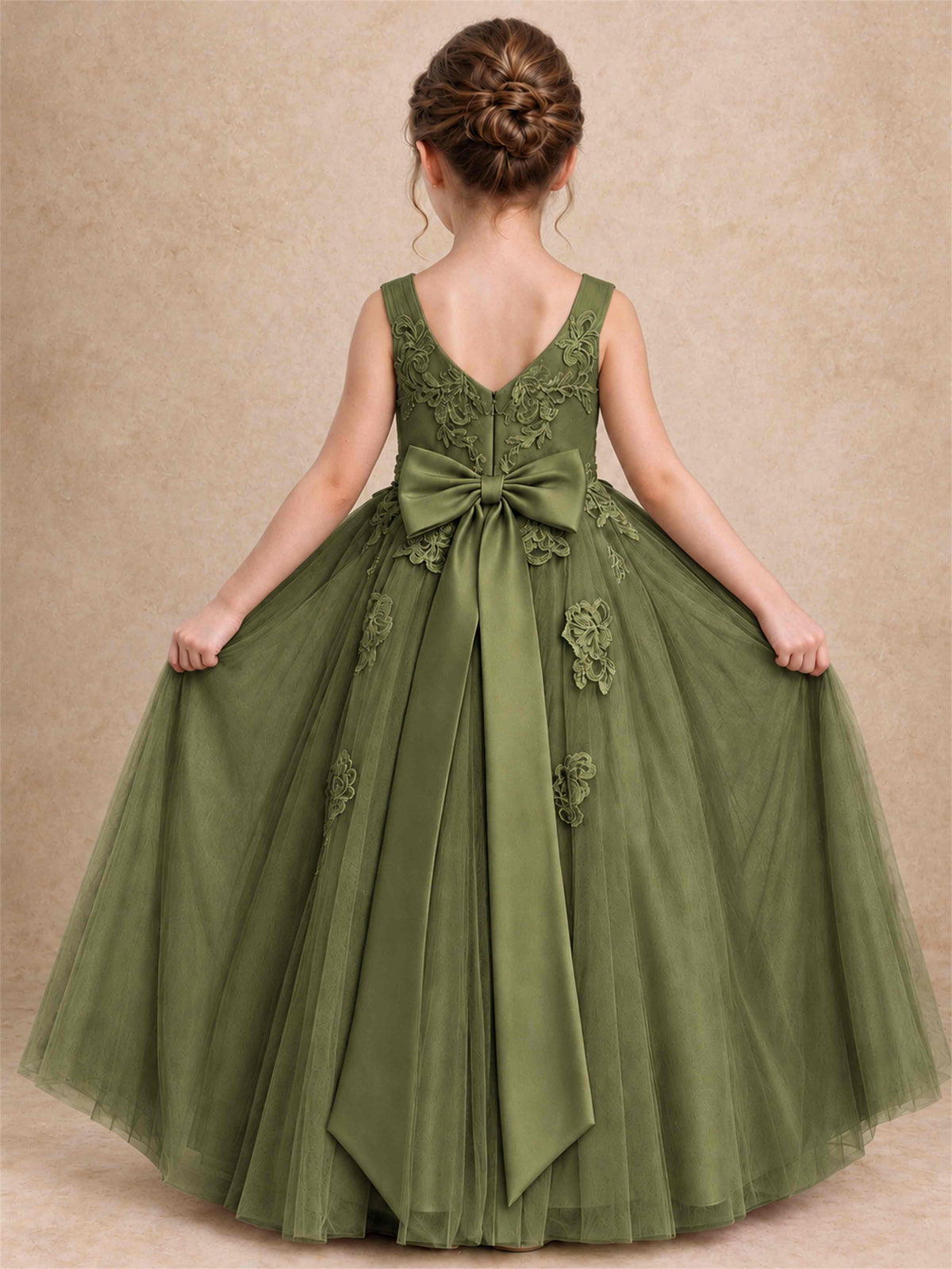 V Neck Lace Applique Tulle Flower Girl Dress Kids Wedding Party Princess Gown
