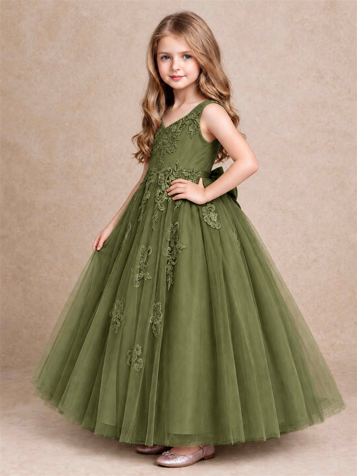 V Neck Lace Applique Tulle Flower Girl Dress Kids Wedding Party Princess Gown