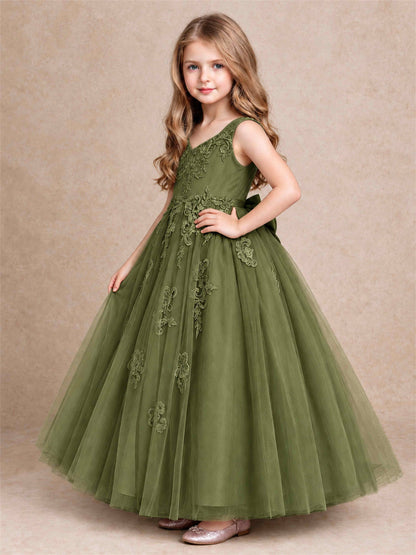 V Neck Lace Applique Tulle Flower Girl Dress Kids Wedding Party Princess Gown