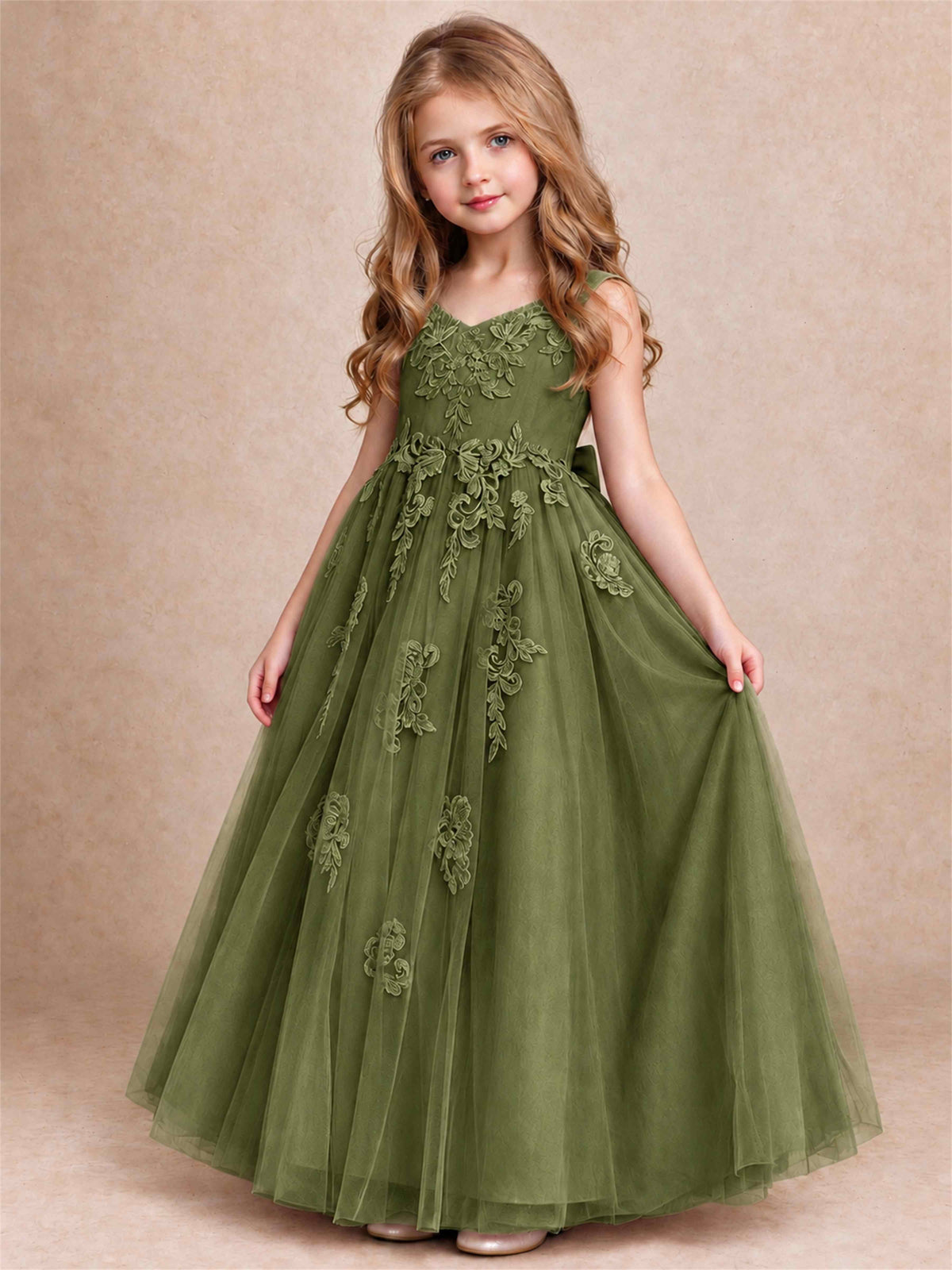V Neck Lace Applique Tulle Flower Girl Dress Kids Wedding Party Princess Gown