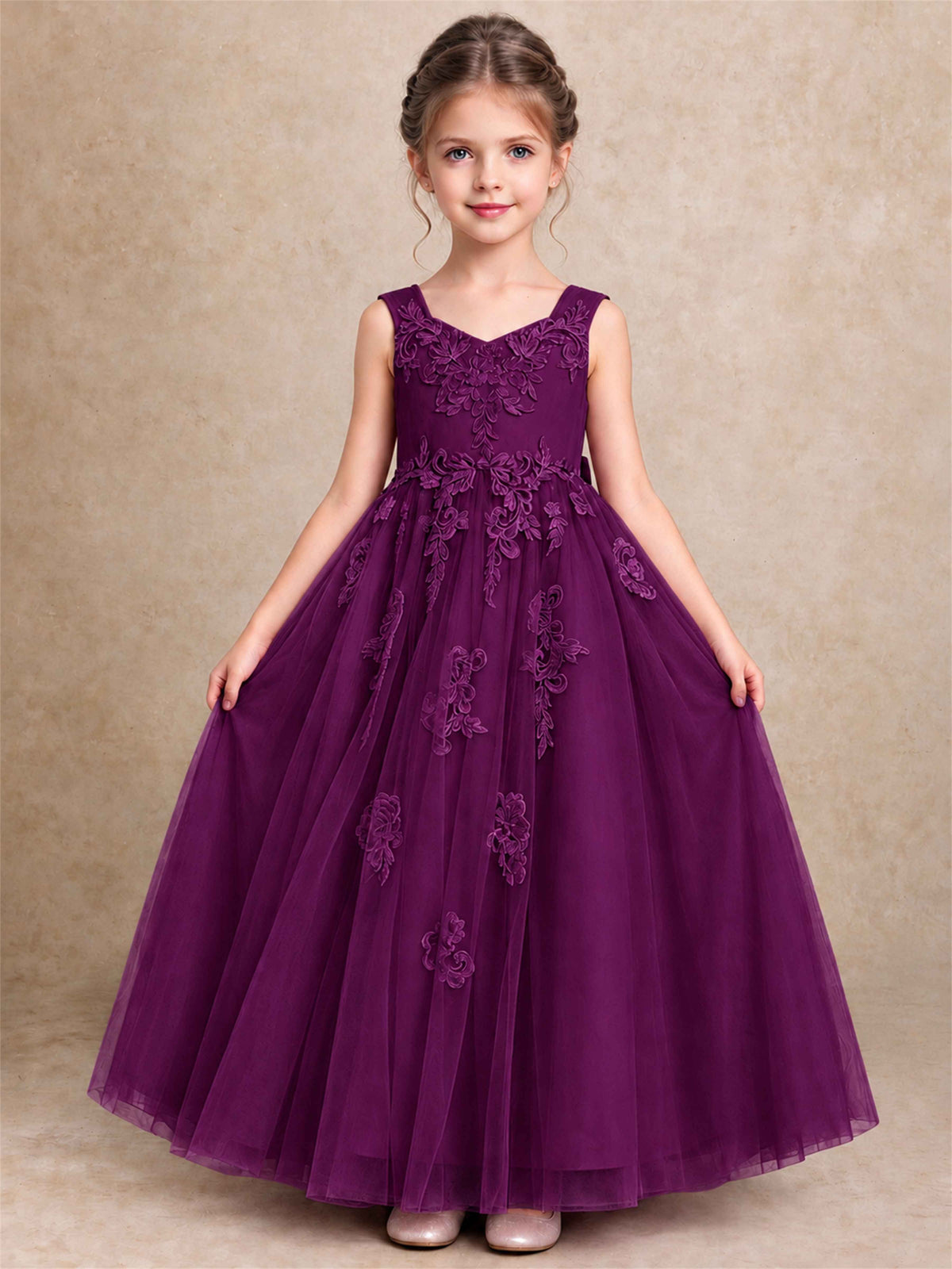 V Neck Lace Applique Tulle Flower Girl Dress Kids Wedding Party Princess Gown