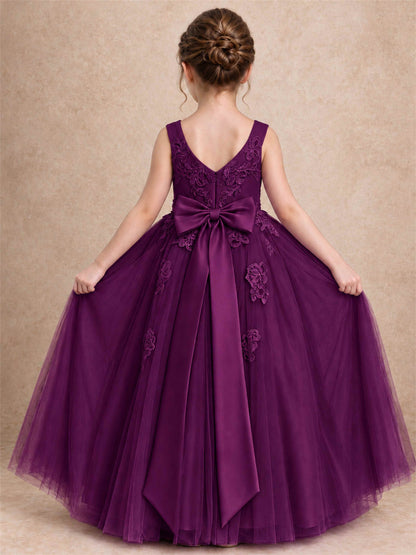 V Neck Lace Applique Tulle Flower Girl Dress Kids Wedding Party Princess Gown