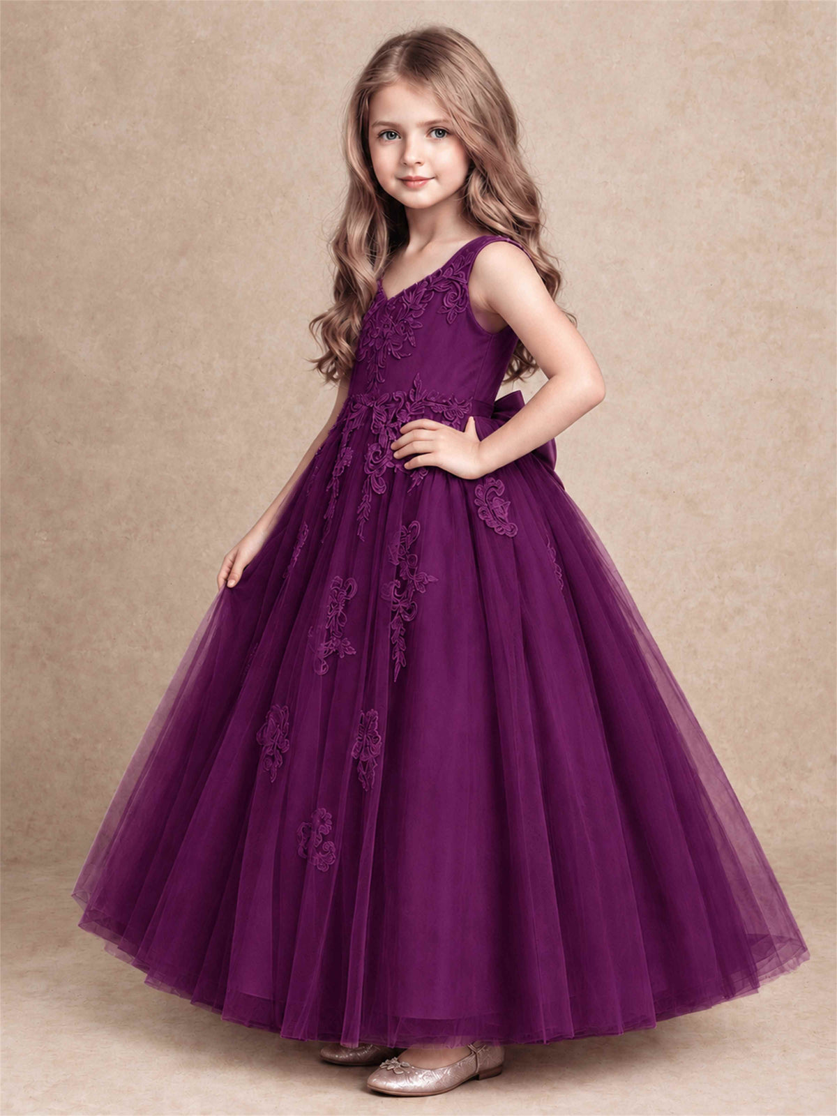 V Neck Lace Applique Tulle Flower Girl Dress Kids Wedding Party Princess Gown