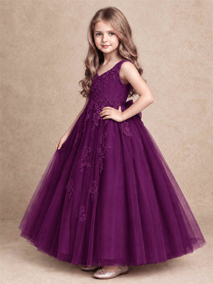 V Neck Lace Applique Tulle Flower Girl Dress Kids Wedding Party Princess Gown