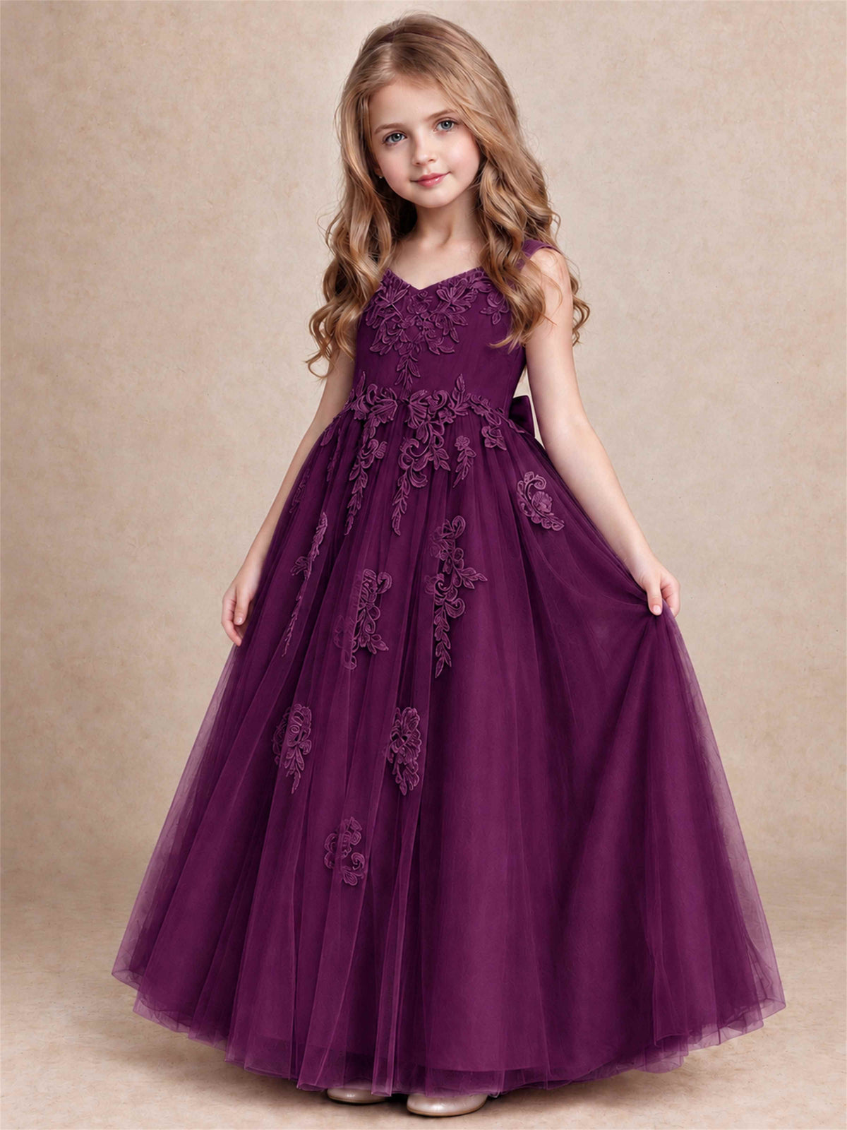 V Neck Lace Applique Tulle Flower Girl Dress Kids Wedding Party Princess Gown