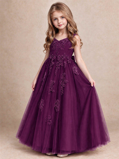V Neck Lace Applique Tulle Flower Girl Dress Kids Wedding Party Princess Gown