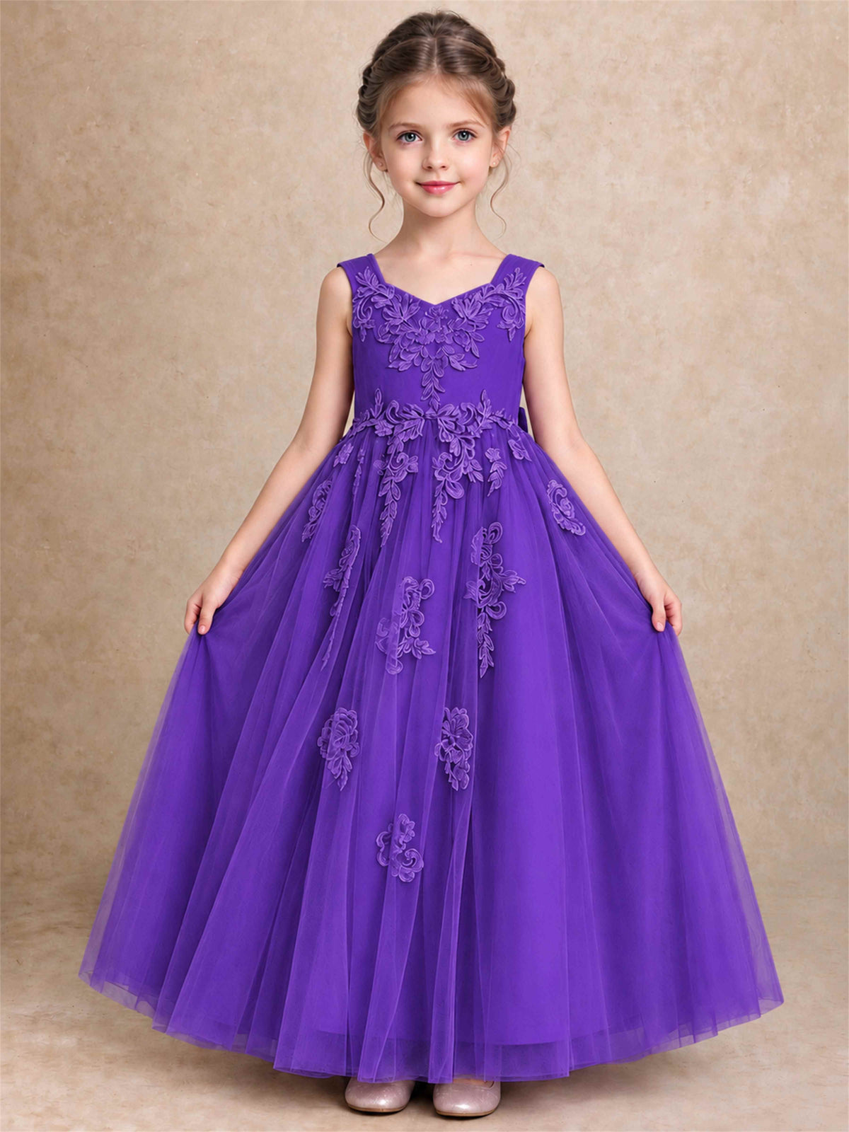 V Neck Lace Applique Tulle Flower Girl Dress Kids Wedding Party Princess Gown
