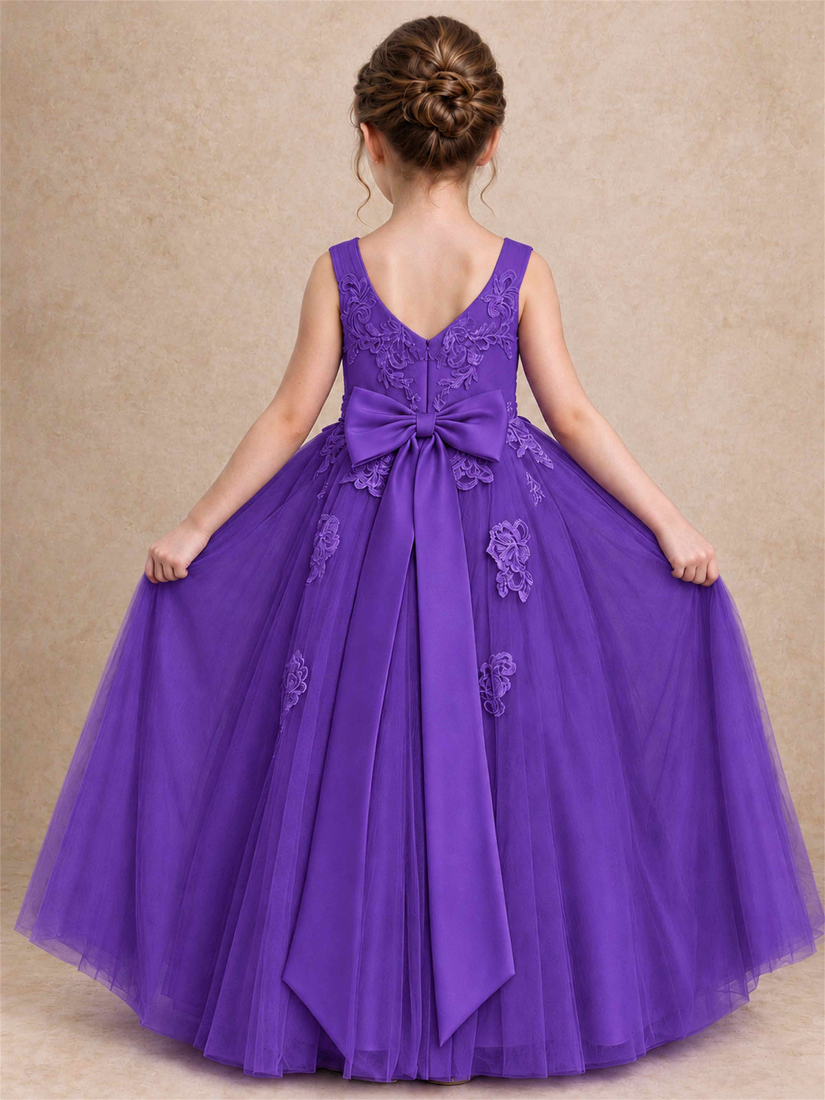 V Neck Lace Applique Tulle Flower Girl Dress Kids Wedding Party Princess Gown
