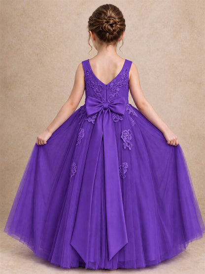 V Neck Lace Applique Tulle Flower Girl Dress Kids Wedding Party Princess Gown
