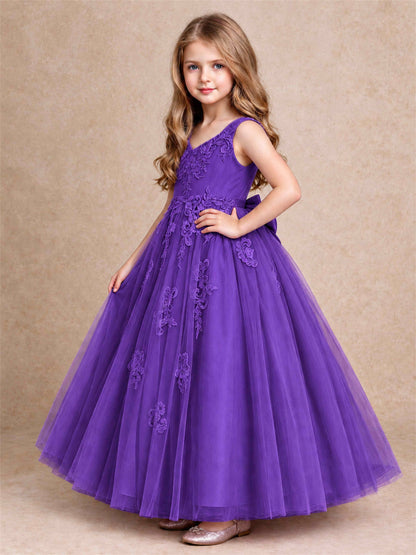 V Neck Lace Applique Tulle Flower Girl Dress Kids Wedding Party Princess Gown