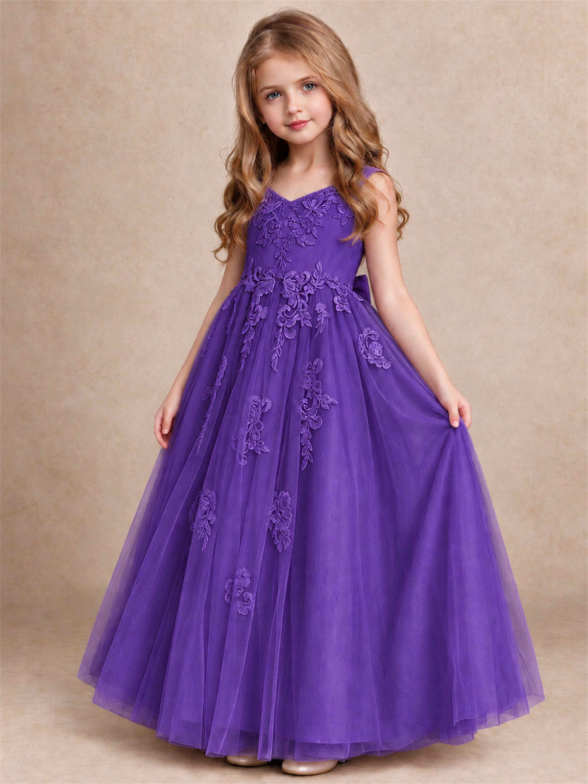 V Neck Lace Applique Tulle Flower Girl Dress Kids Wedding Party Princess Gown