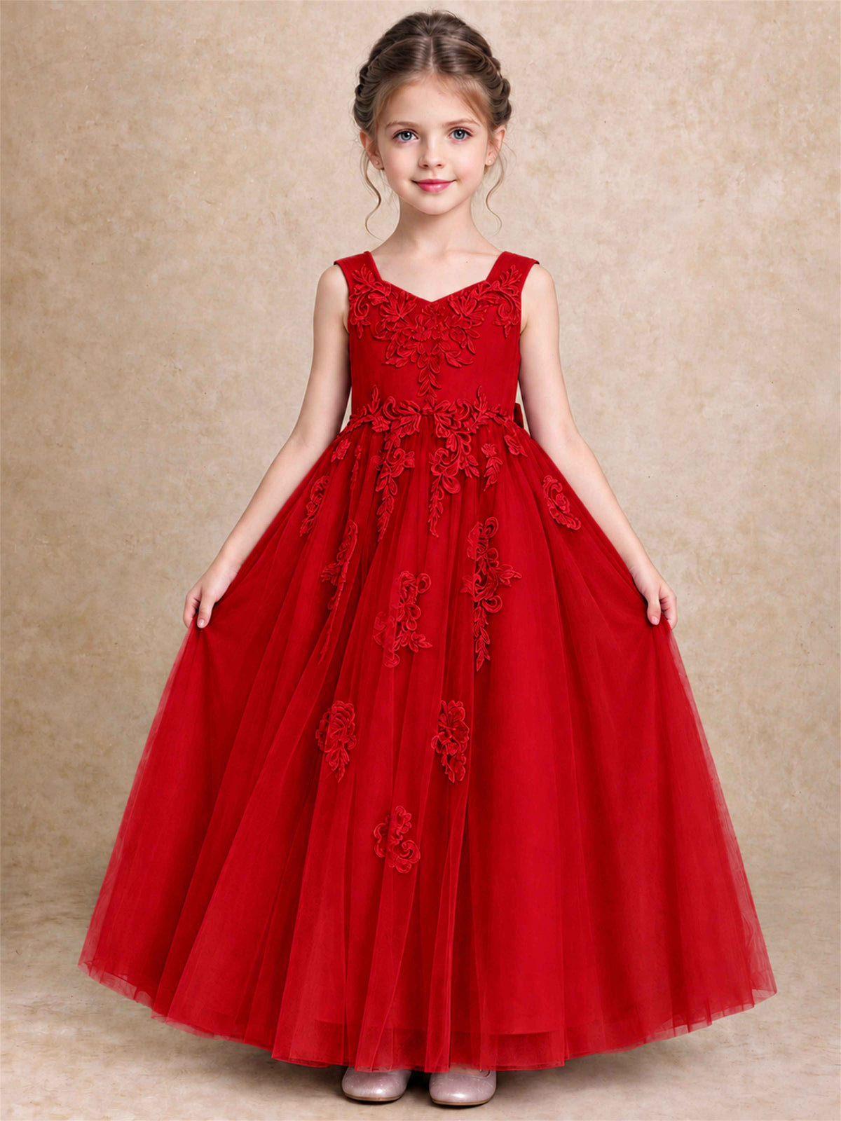 V Neck Lace Applique Tulle Flower Girl Dress Kids Wedding Party Princess Gown