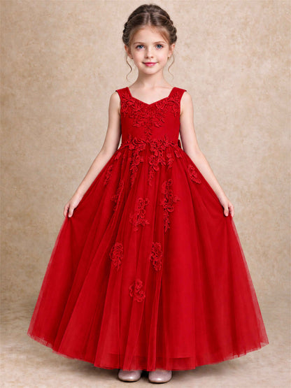 V Neck Lace Applique Tulle Flower Girl Dress Kids Wedding Party Princess Gown