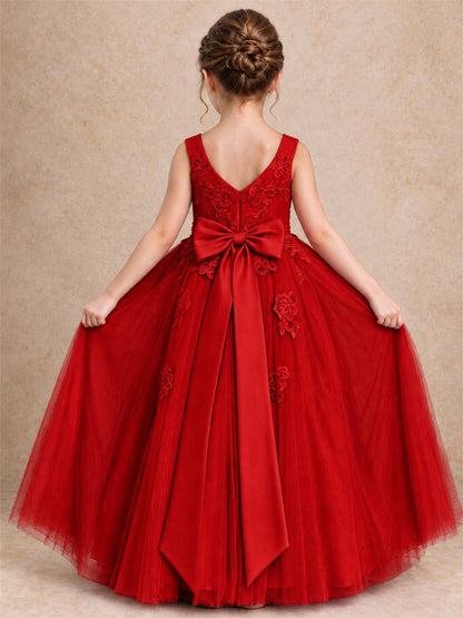 V Neck Lace Applique Tulle Flower Girl Dress Kids Wedding Party Princess Gown