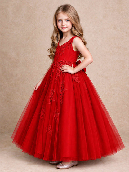 V Neck Lace Applique Tulle Flower Girl Dress Kids Wedding Party Princess Gown