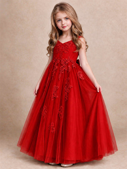 V Neck Lace Applique Tulle Flower Girl Dress Kids Wedding Party Princess Gown