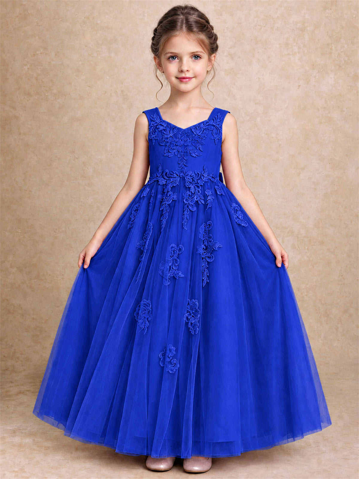V Neck Lace Applique Tulle Flower Girl Dress Kids Wedding Party Princess Gown