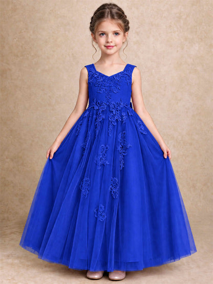 V Neck Lace Applique Tulle Flower Girl Dress Kids Wedding Party Princess Gown