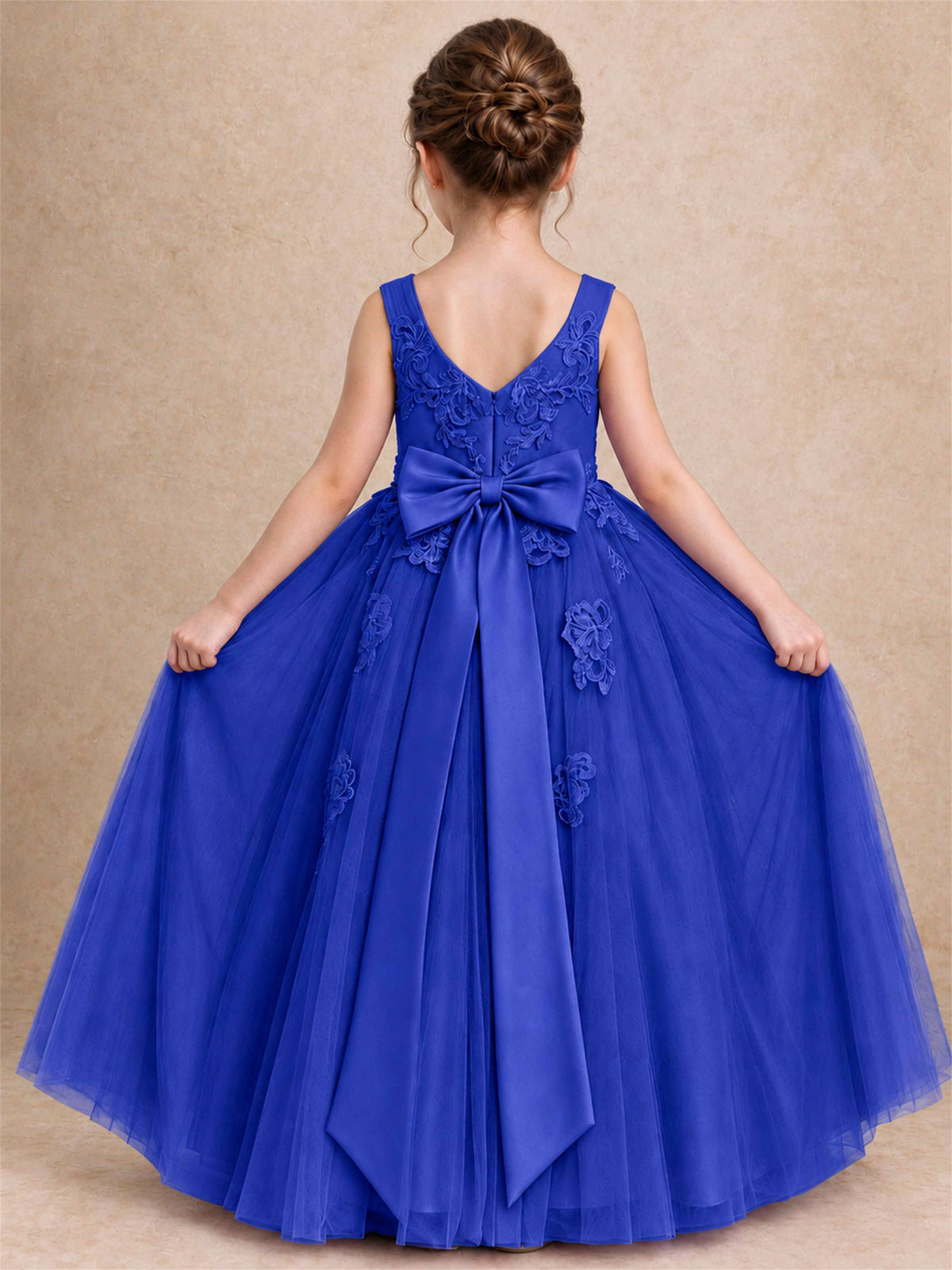 V Neck Lace Applique Tulle Flower Girl Dress Kids Wedding Party Princess Gown