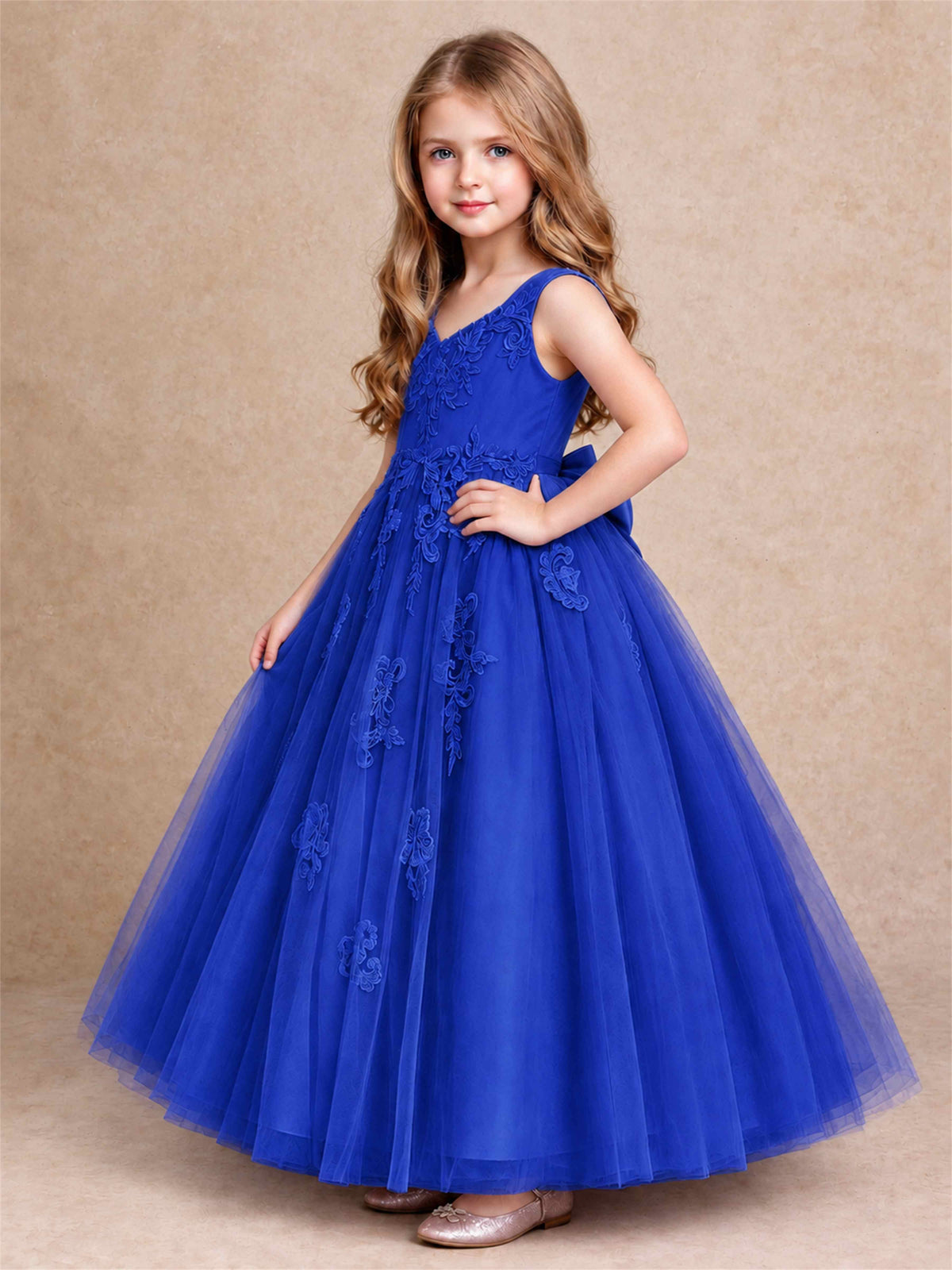 V Neck Lace Applique Tulle Flower Girl Dress Kids Wedding Party Princess Gown