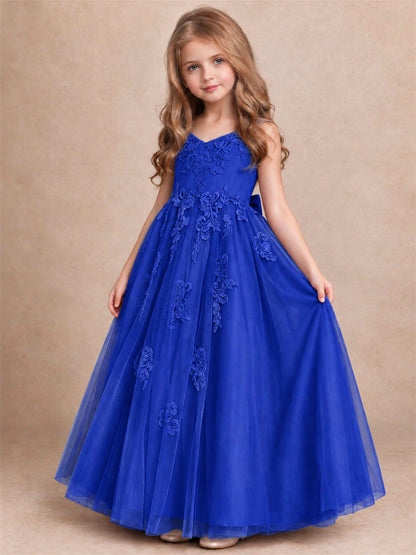 V Neck Lace Applique Tulle Flower Girl Dress Kids Wedding Party Princess Gown