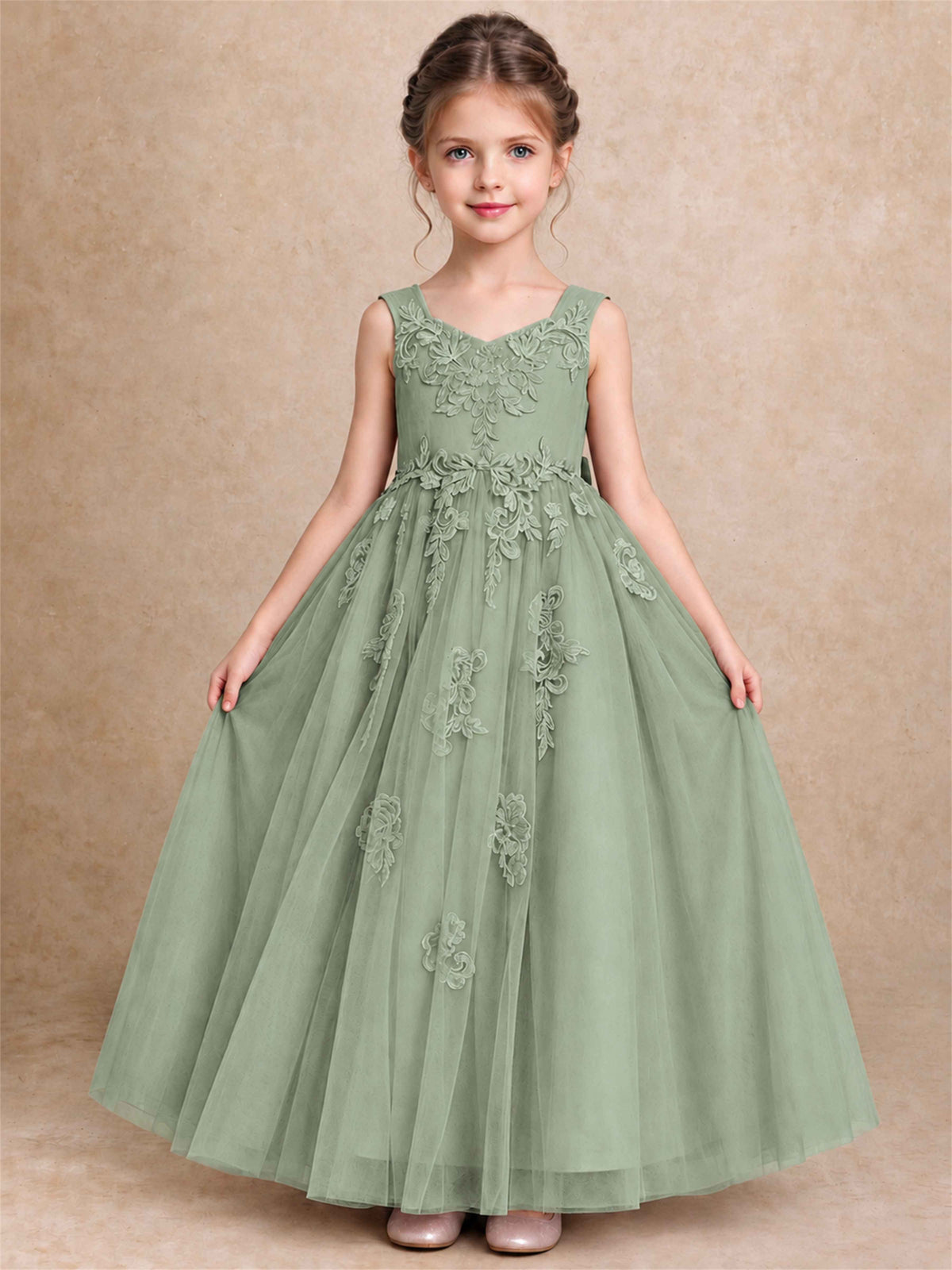 V Neck Lace Applique Tulle Flower Girl Dress Kids Wedding Party Princess Gown