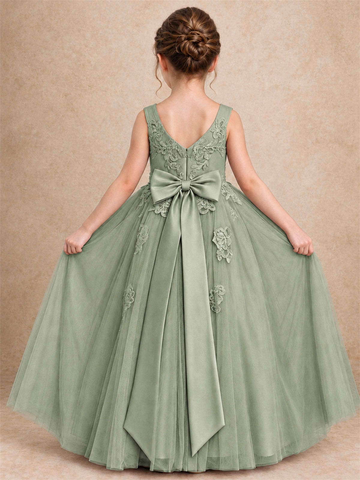 V Neck Lace Applique Tulle Flower Girl Dress Kids Wedding Party Princess Gown