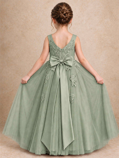 V Neck Lace Applique Tulle Flower Girl Dress Kids Wedding Party Princess Gown