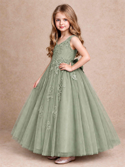 V Neck Lace Applique Tulle Flower Girl Dress Kids Wedding Party Princess Gown