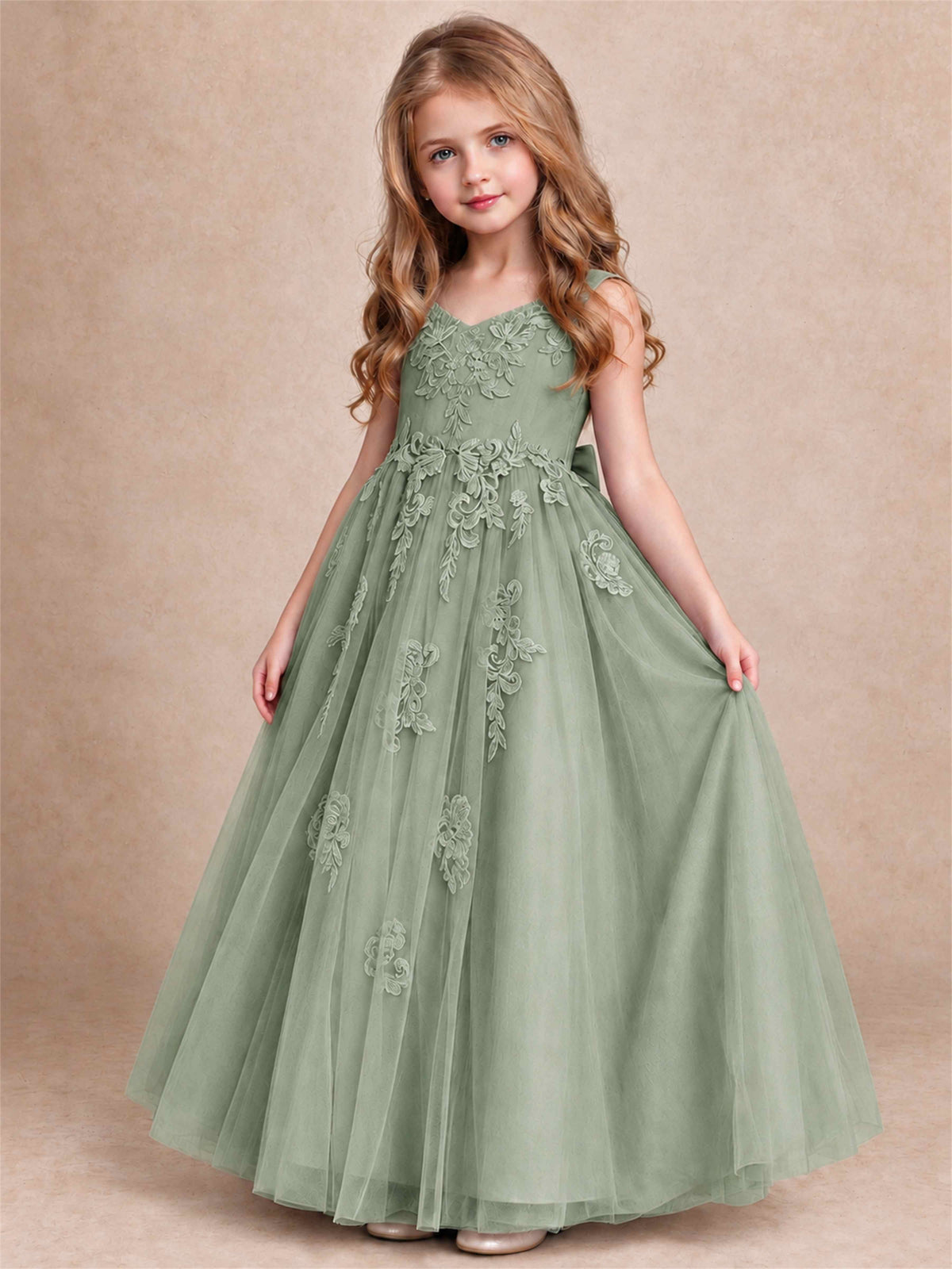 V Neck Lace Applique Tulle Flower Girl Dress Kids Wedding Party Princess Gown