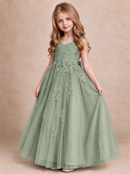 V Neck Lace Applique Tulle Flower Girl Dress Kids Wedding Party Princess Gown