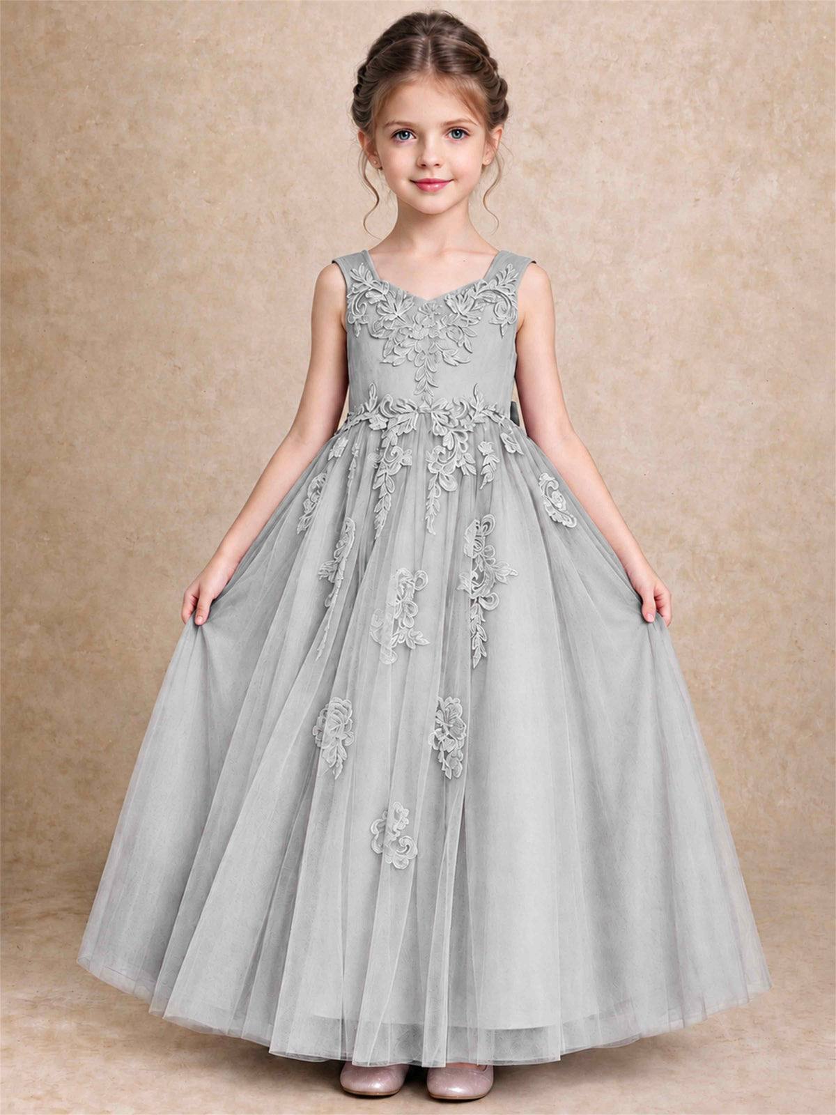 V Neck Lace Applique Tulle Flower Girl Dress Kids Wedding Party Princess Gown
