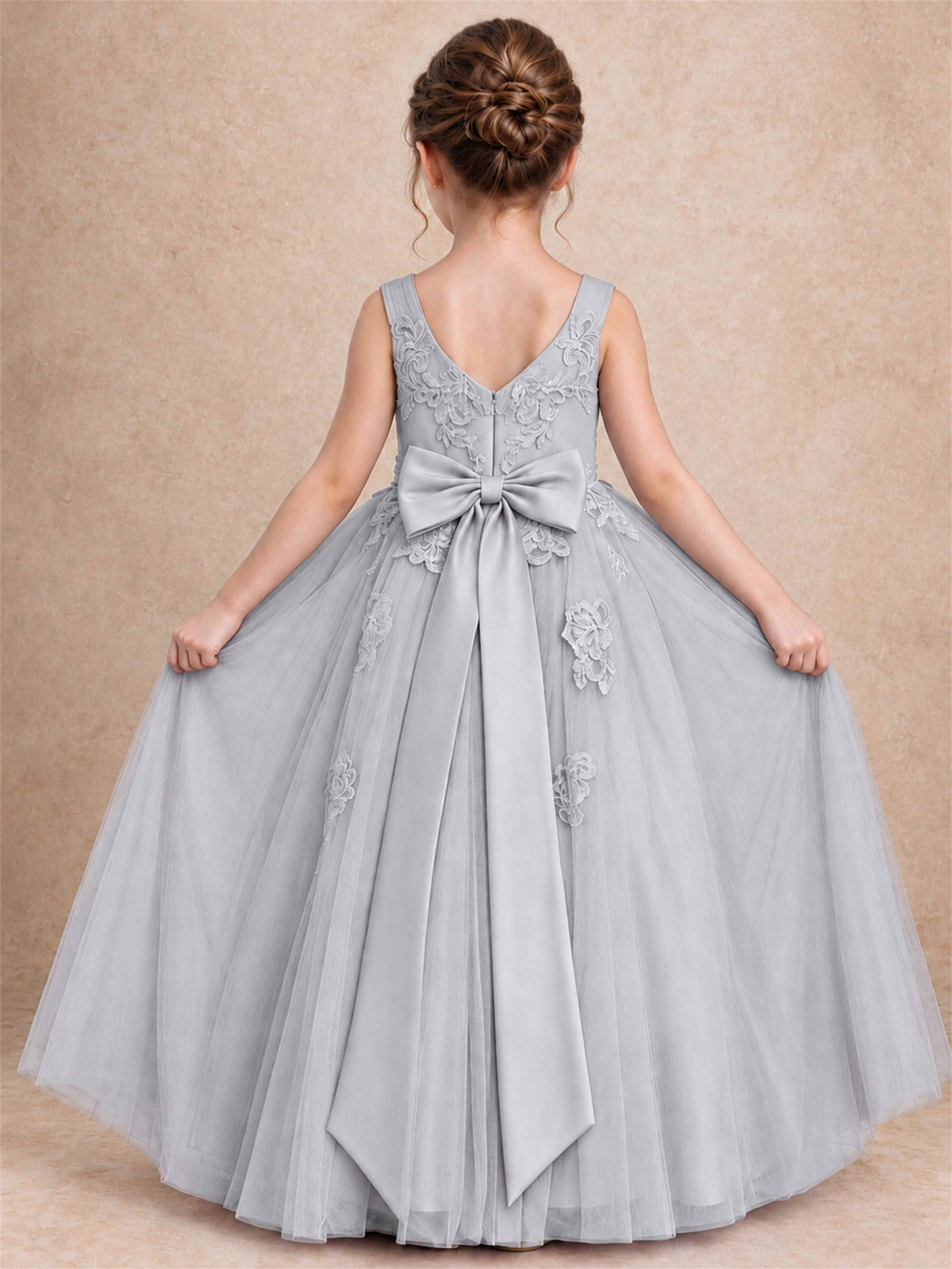 V Neck Lace Applique Tulle Flower Girl Dress Kids Wedding Party Princess Gown