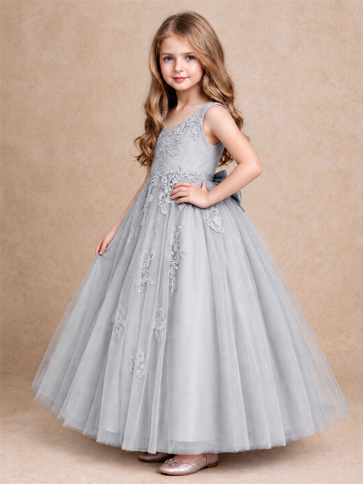 V Neck Lace Applique Tulle Flower Girl Dress Kids Wedding Party Princess Gown