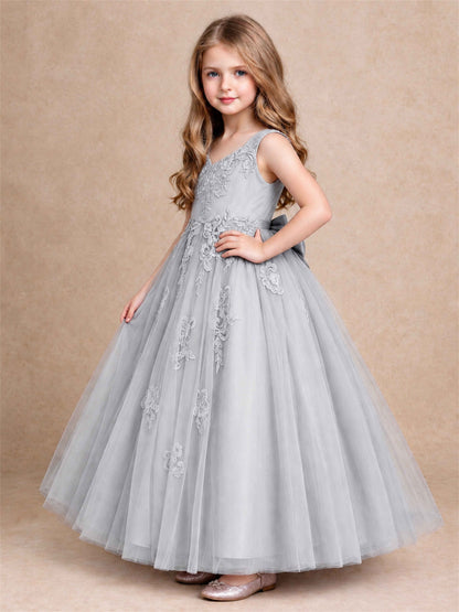 V Neck Lace Applique Tulle Flower Girl Dress Kids Wedding Party Princess Gown