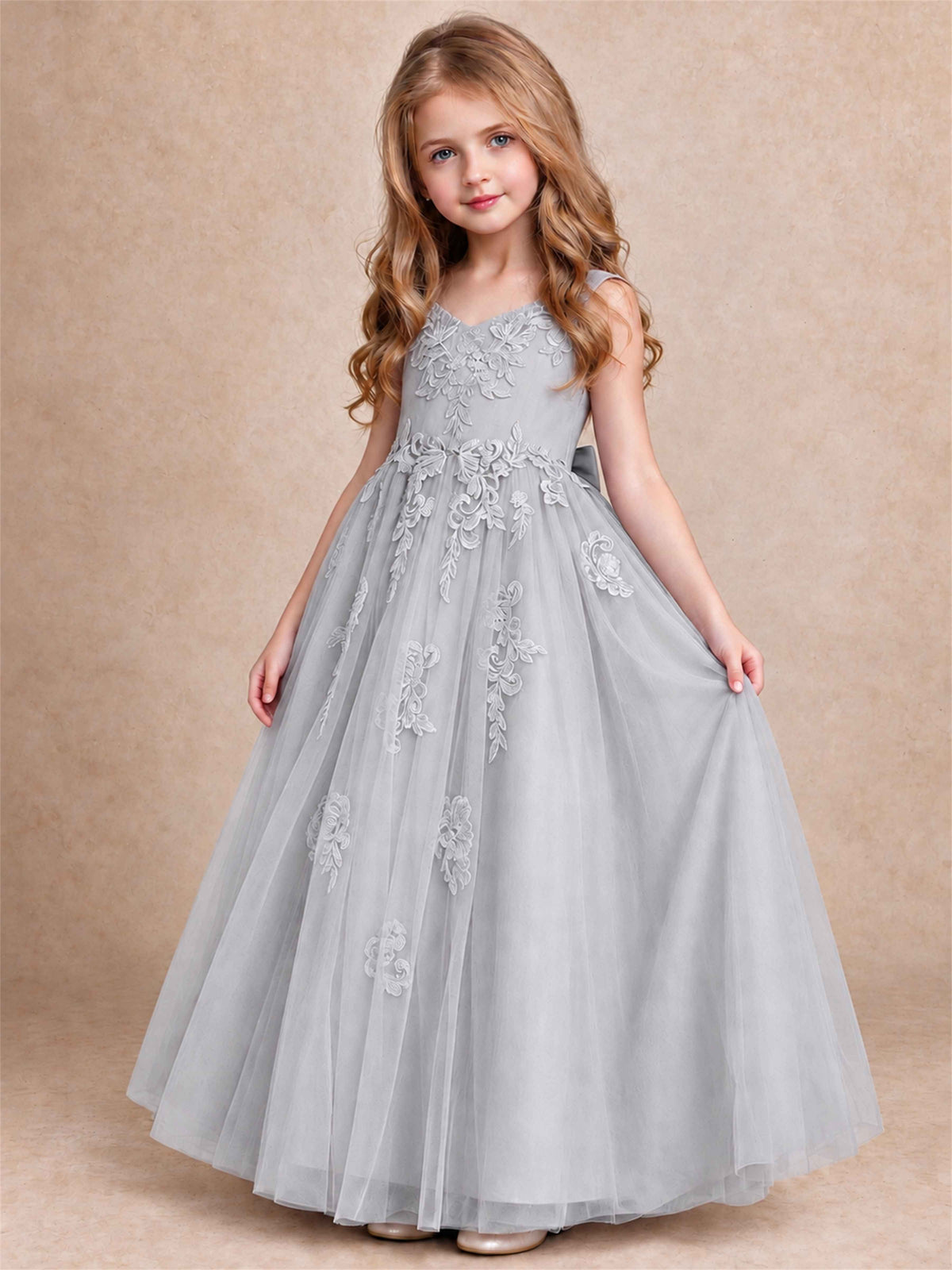 V Neck Lace Applique Tulle Flower Girl Dress Kids Wedding Party Princess Gown