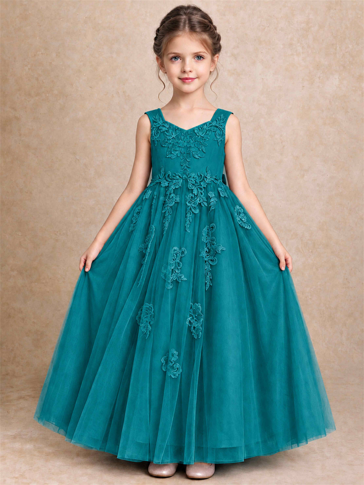 V Neck Lace Applique Tulle Flower Girl Dress Kids Wedding Party Princess Gown