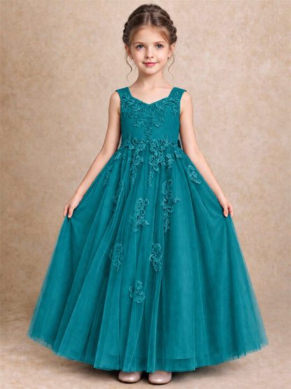 V Neck Lace Applique Tulle Flower Girl Dress Kids Wedding Party Princess Gown