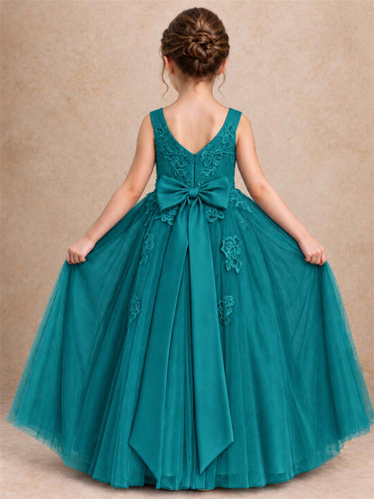 V Neck Lace Applique Tulle Flower Girl Dress Kids Wedding Party Princess Gown