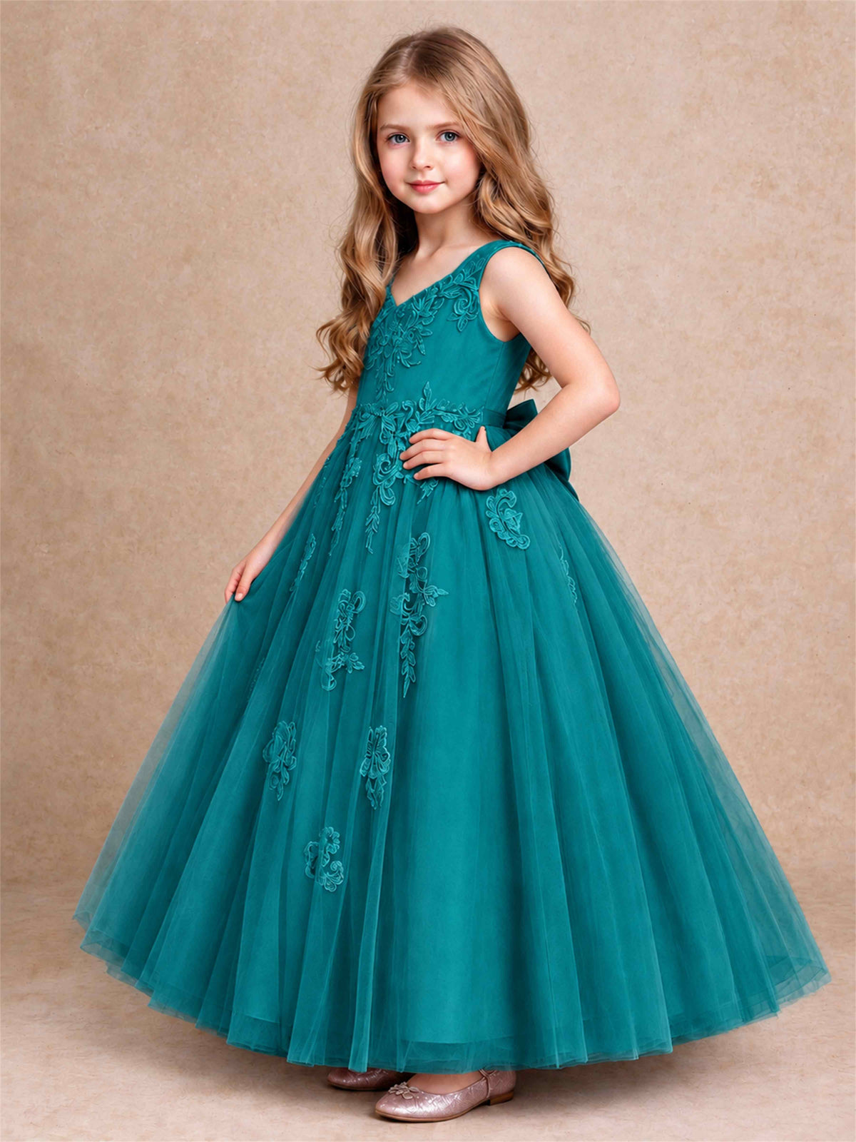 V Neck Lace Applique Tulle Flower Girl Dress Kids Wedding Party Princess Gown