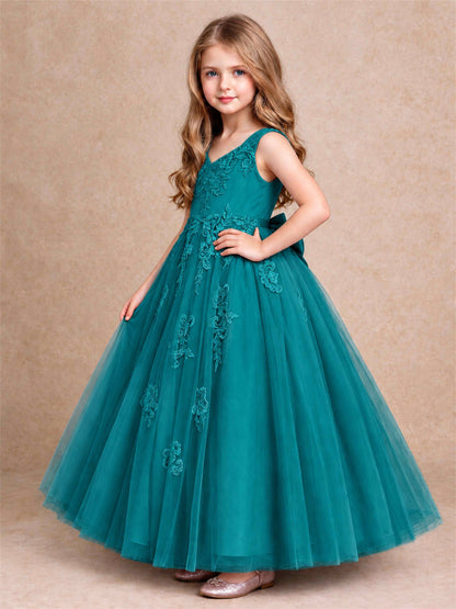V Neck Lace Applique Tulle Flower Girl Dress Kids Wedding Party Princess Gown