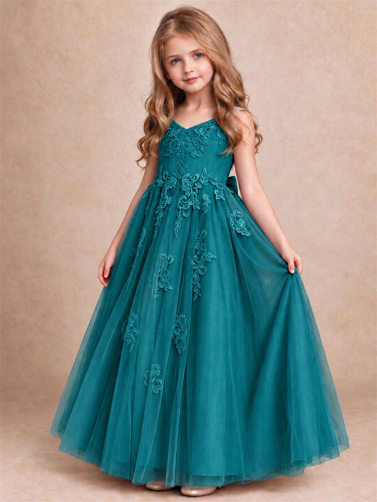 V Neck Lace Applique Tulle Flower Girl Dress Kids Wedding Party Princess Gown