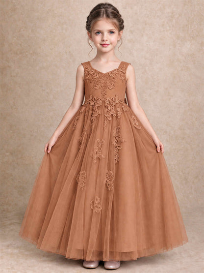 V Neck Lace Applique Tulle Flower Girl Dress Kids Wedding Party Princess Gown