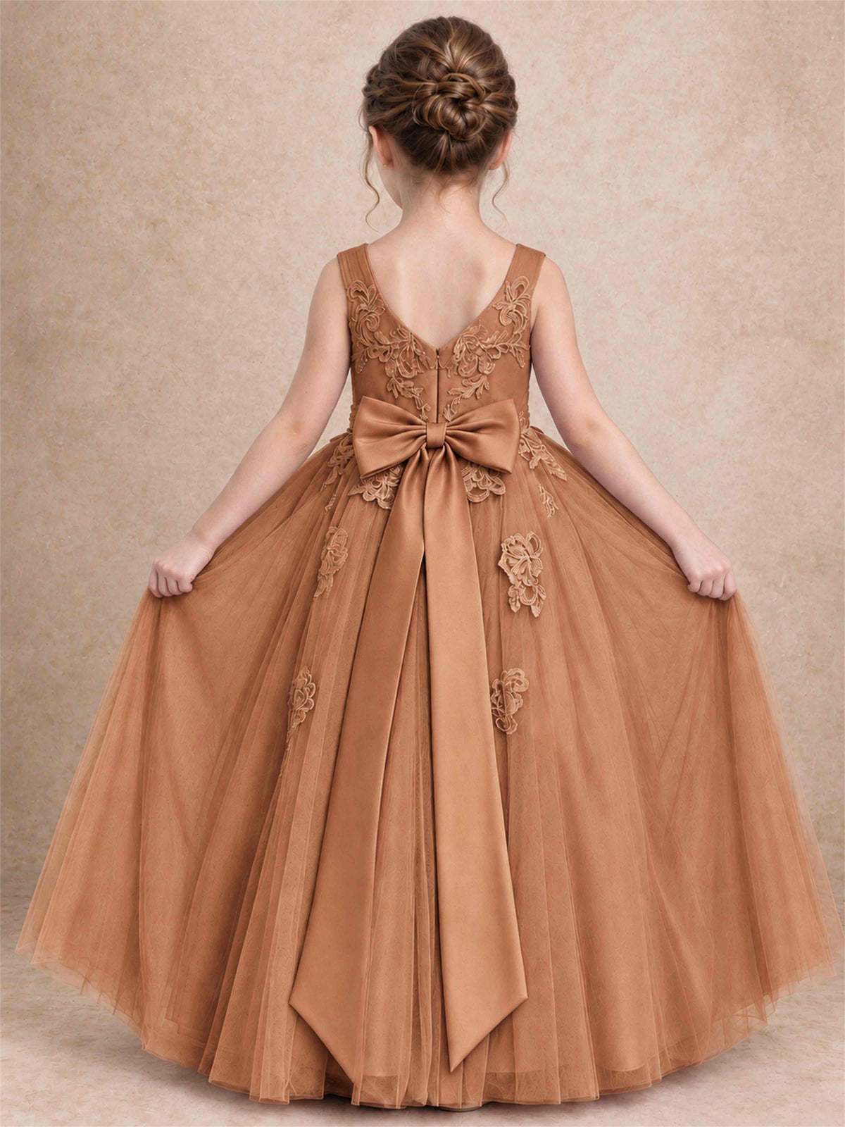 V Neck Lace Applique Tulle Flower Girl Dress Kids Wedding Party Princess Gown