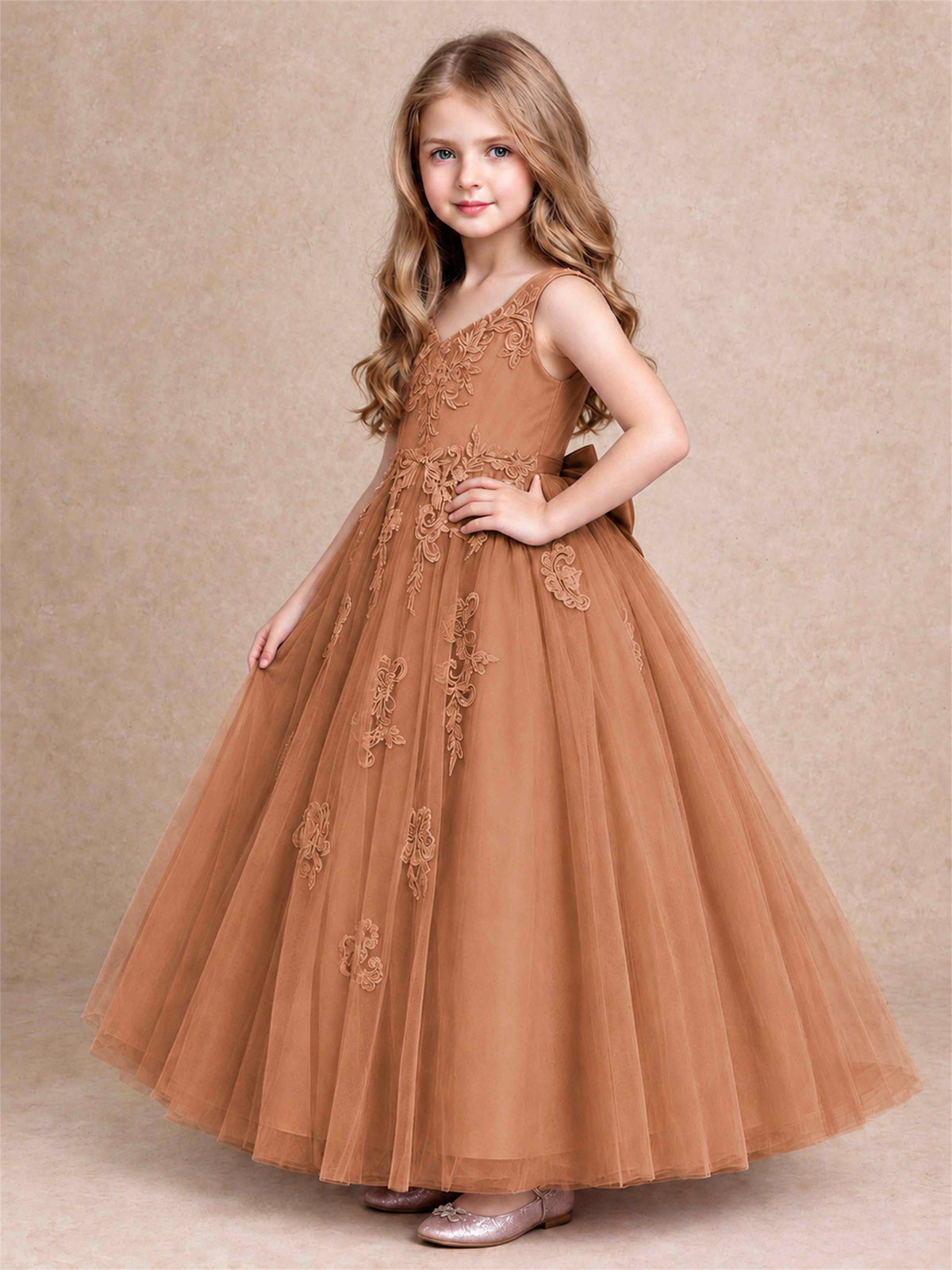 V Neck Lace Applique Tulle Flower Girl Dress Kids Wedding Party Princess Gown
