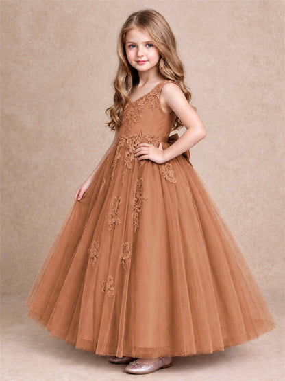V Neck Lace Applique Tulle Flower Girl Dress Kids Wedding Party Princess Gown