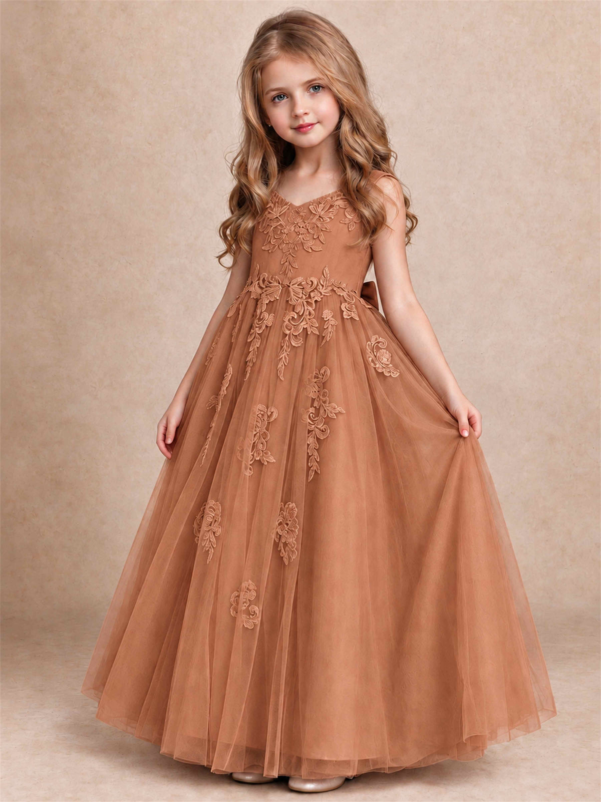 V Neck Lace Applique Tulle Flower Girl Dress Kids Wedding Party Princess Gown