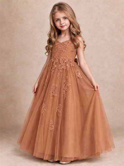 V Neck Lace Applique Tulle Flower Girl Dress Kids Wedding Party Princess Gown