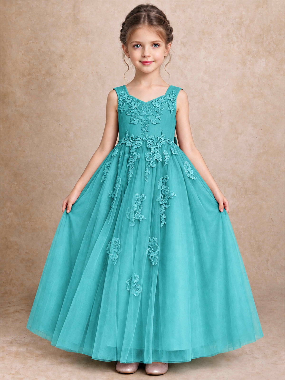 V Neck Lace Applique Tulle Flower Girl Dress Kids Wedding Party Princess Gown