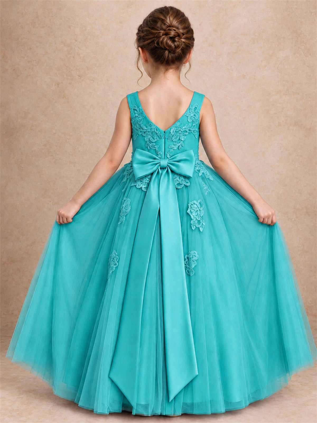 V Neck Lace Applique Tulle Flower Girl Dress Kids Wedding Party Princess Gown